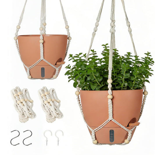 YUNLINGAA Self-Watering Hanging Planters for Indoor Plants Set 2-Piece Includes Plant Hanging Pot, Drainage-Hole Hanging Pot, and Hanging Basket Rack (Terracotta,10 Inches)