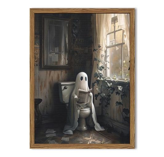 Framed Vintage Halloween Bathroom Ghost Wall Art, Cute Ghost on Toilet Reading Pictures Wall Decor, Spooky Gothic Dark Academia Paintings Canvas Prints Moody Home Decor for Restroom 12x16 inch