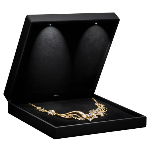 Allure - Large Necklace Box With LED Light, Square Shaped, Elegant Diamond Necklace Case, For Unique Proposal, Engagement Or Wedding, Luxury Black Velvet Interior Jewelry Display Gift Box