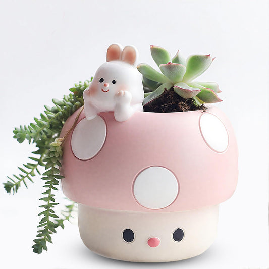 EOBTAIN Unique Mushroom Planter Pot Cute Animal Rabbit Pink Resin Succulent Small Pots for Indoor Plants Mini Cactus Planter Pots Living Room Office Table Decor,Mushroom Lover Gifts,4 Inch