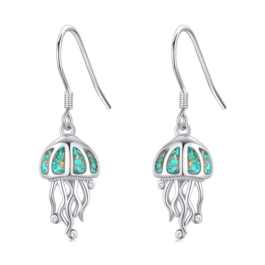 Jellyfish Earrings for Women 925 Sterling Silver Turquoise Jellyfish Dangle Drop Earrings Beach Themed Ocean Jewelry Gifts for Friends