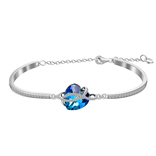 AOBOCO Infinity Heart Bangle Bracelet Sterling Silver I Love You Women Bracelet Embellished with Blue Crystals from Austria, Fine Anniversary Birthday Jewelry Gifts for Women Wife Girlfriend Daughter