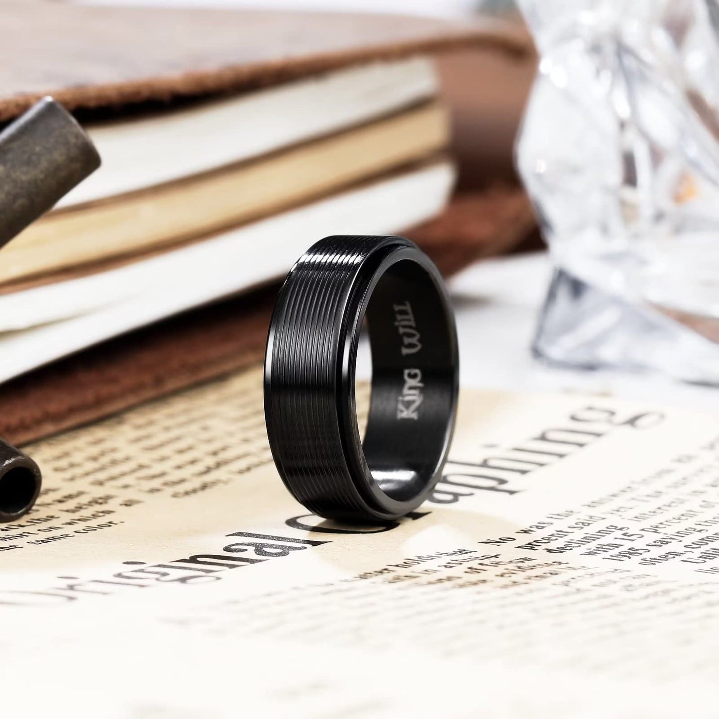 King Will Black Line Groove Mens Women 8mm Spinner Rings Stainless Steel Anxiety Fidget Ring for Women Men Polish Groove Wedding Band Fidget Ring Matte Brushed Comfort Fit 10