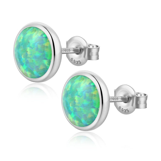 JiayangJY Silver Green Fire Opal Stud Earrings for Women Sterling Silver Round Shape 6mm Opal Earrings with Push Back