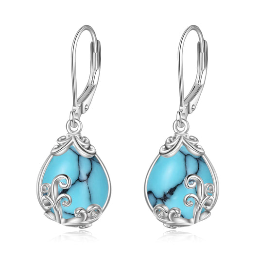 POPLYKE Turquoise Filigree Teardrop Drop Dangle Earrings Sterling Silver Leverback Earrings Jewelry