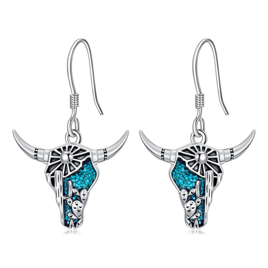 KoyeKei Cow Skull Earrings for Cowgirl Cowboy Sterling Silver Texas Longhorn Cactus Turquoise Dangling Drop Earrings Western Jewelry Country Christmas Graduation Gifts for Women