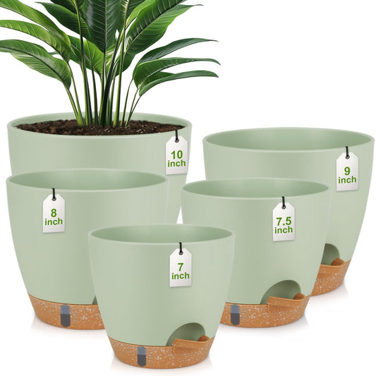 QRRICA Plant Pots 10/9/8/7.5/7 Inch Self Watering Pots, with Drainage Holes and Saucers,Water Level Indicator & Deep Reservoir,Large Plastic Planter for Indoor Out Door Plants (Green)