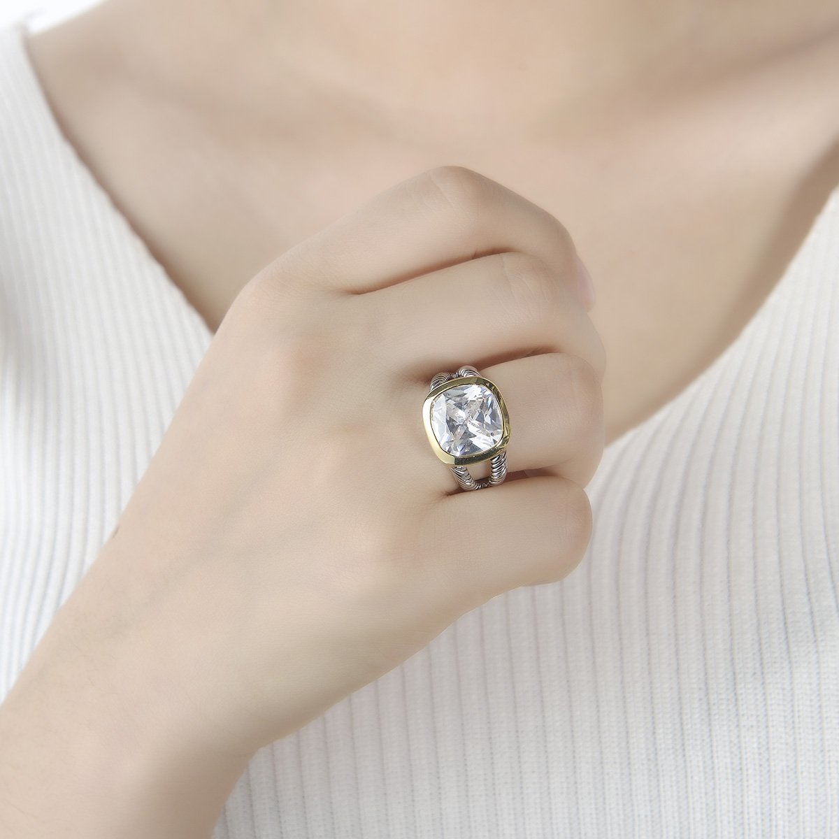 UNY JEWEL Twisted Cable Wire Two Tone Cusion Cut CZ Statement Ring Designer Inspired Fashion Love Antique Women Jewelry Gift (Champagne, 6)