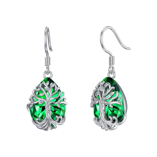 TOUPOP Emerald Tree of Life Earrings Sterling Silver Teardrop May Birthstone Earrings Family Tree Emerald Jewelry Birthday Mothers Day Gifts for Women Mom Her