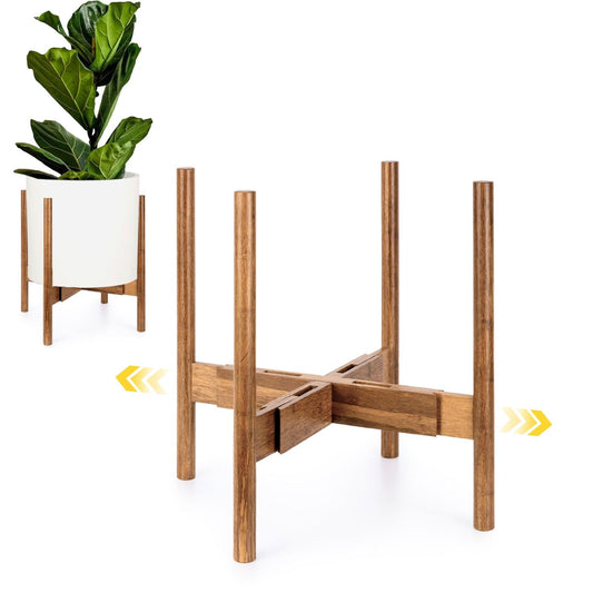 Fox & Fern Large Adjustable Plant Stand Indoor — 11 to 15 Inch Mid Century Bamboo Plant Stand - Plug In Design - Easy to Assemble - Two Heights - For 11, 12, 13, 14 & 15 Inch Pots (Not Included)