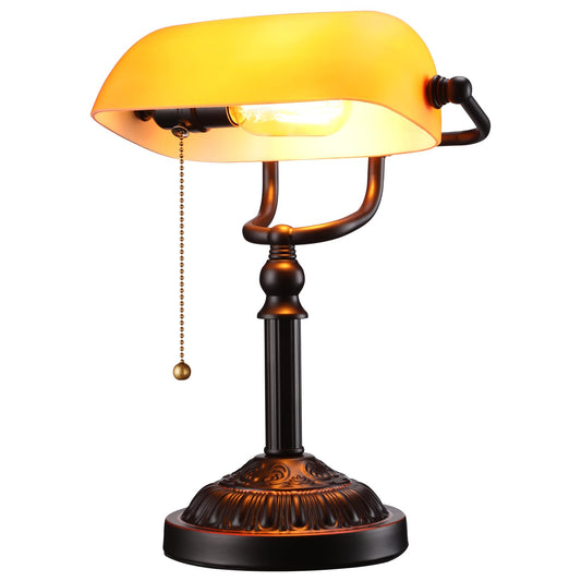 TORCHSTAR Bankers Desk Lamp with Pull Chain Switch, Amber Glass Shade Desk Lamps, Bronze Base, E26 Base, Vintage Library Lamp for Office, Study Room(Matted Orange)