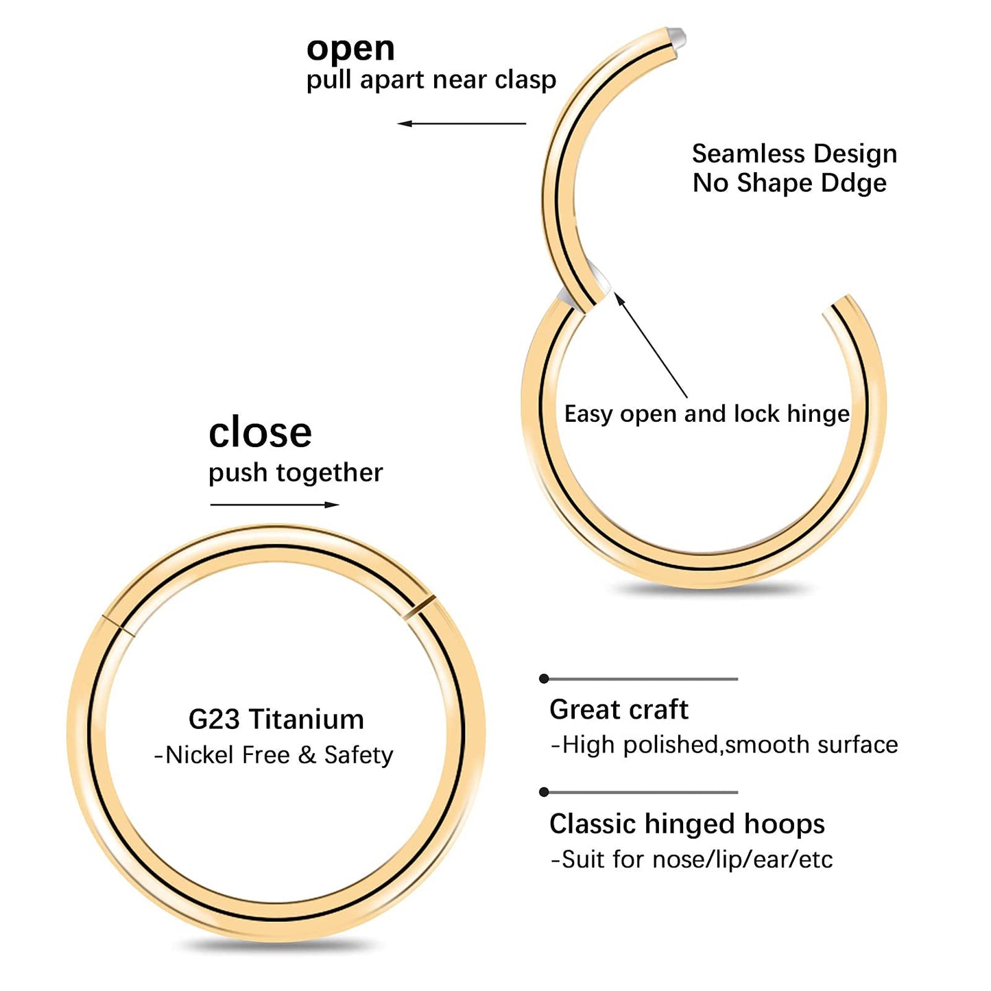 arvinpiercing BOGKU 6pcs G23 Titanium Nose Rings Hoops 20 Gauge 8mm Hypoallergenic Hinged Septum Clicker Segment Rings Cartilage Conch Tragus Helix Rook Earring Body Nose Piercing Hoops