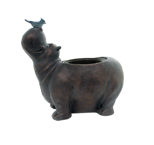 13"H Hippo with Bird Planter