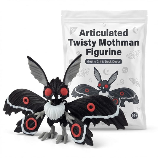Articulated Twisty Mothman Collectible Figurine - Striking Gothic Design with Black Wings and Red Eyes for Unique Shelf Display - 3D Printed in Canada