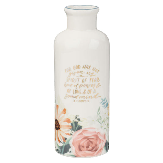 Christian Art Gifts Small Ceramic Scripture Table Vase for Flowers & Plants: Love & a Sound Mind Inspirational Bible Verse Home Décor, Kitchen, Bathroom, Living Room, White Multicolor Floral