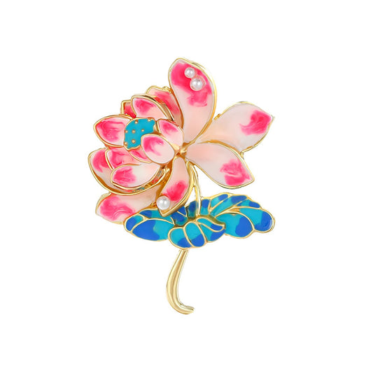 Enamel Lotus Flower Brooch Pin Vintage Pearl Flower Brooch Lapel Pin Jewelry Thanksgiving Day Mother's Day Wedding Gifts for Mom Wife