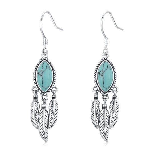 KoyeKei Turquoise Feather Dangle Drop Earrings for Women Western 925 Sterling Silver Feather Boho Leaf Statement Earrings Country Vintage Jewelry Christmas Gifts