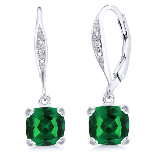 Gem Stone King Drop Dangle Earrings For Women | 7MM Cushion Cut Gemstone Birthstone and Diamond | 925 Sterling Silver | Jewelry Gift for Mom Wife Her | Nano Emerald-May | 925 Sterling Silver