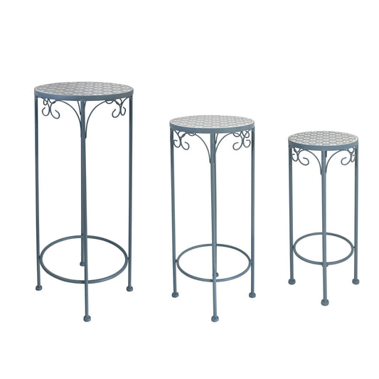 Metal Plant Stand Set of 3 Round Ceramic Top 28" Tall Mosaic Flower Stand Tile Nesting Display Side Table Indoor Outdoor Plant Rack Flower Holder for Wedding Party Patio Living Room Frame Stackable Garden Accessory Decorative Blue