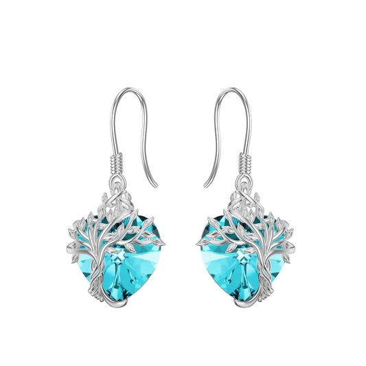 TOUPOP Heart Aquamarine March Birthstone Earrings Sterling Silver Tree of Life Earrings Blue Crystal Jewelry Birthday Mothers Day Gifts for Women Mom Her