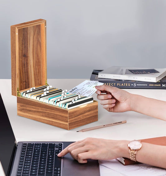 Neando 3x5 Index Card Organizer Box with Lid – Acacia Wood Note Card Holder with 200 Cards & 20 Dividers, Holds 600 Cards, 4 Compartments, Magnetic Closure – Desktop Storage for Study, Office, Recipes