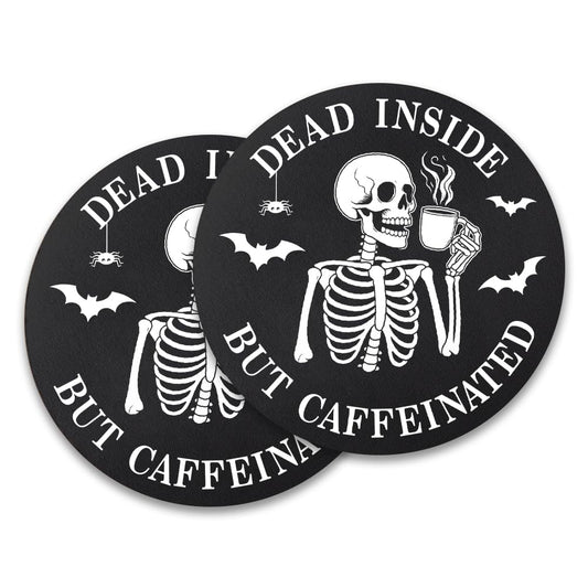 UWXQOJ Funny Skeleton Coffee Coasters Set of 2 – “Dead Inside But Caffeinated” Humor Drink Coasters, Gothic Coffee Lover Gifts, Non-Slip Table Protection for Kitchen & Office Home