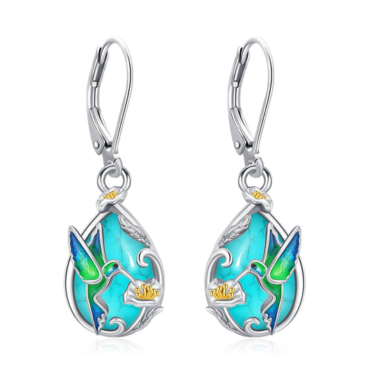 Eusense Turquoise Earrings Sterling Silver Hummingbird Earrings for Women Teardrop Drop Elegant Nature-Inspired Hummingbird Jewelry Gift