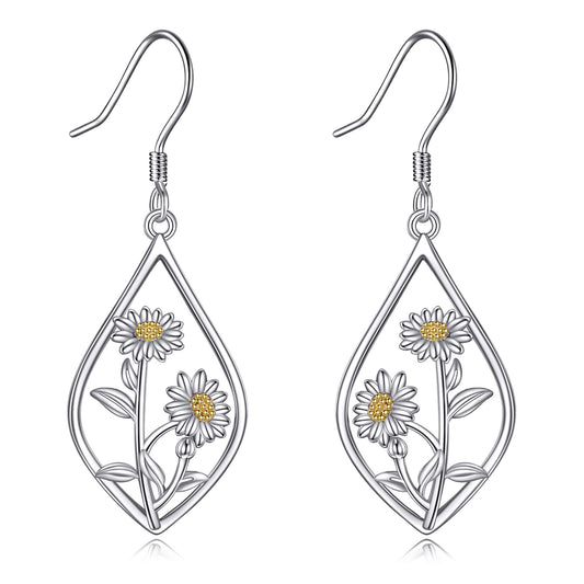Daisy Earrings 925 Sterling Silver Daisy Flower Floral Dangle Dangling Drop Charm Earrings Boho Jewelry Gifts for Women