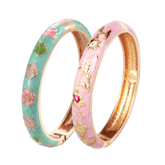 UJOY Cloisonne Bracelet Butterfly Gold Hinged Indian Bangles Flower Enamel Jewelry Bracelets Gift for Women 55A67-55A81 Green Pink