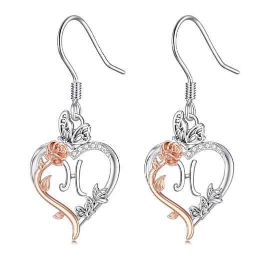 TOUPOP Rose Heart Initial Earrings Sterling Silver Butterfly Earring Initial H Letter Drop Dangle Earrings Jewelry Anniversary Birthday Mothers Day Gifts for Women Mom Wife Girlfriend Her
