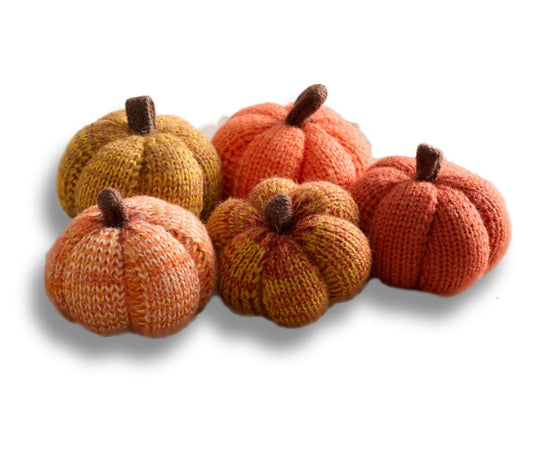 Your Heart's Content Set of 5 Cozy Mini Knit Pumpkins Classic Autumn Orange Gold Rust, Table top Bowl Filler, Kitchen Tiered Tray for Gift, Gift for Hostess (Sunset 2.5 Inch Set)