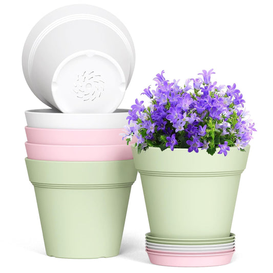 WSMKSZ 6 Inch Thick Plastic Plant Pots with Drainage Holes and Trays – 6 Pack Nursery Pots for Indoor & Outdoor House Plants, Seedling Starter Planters for Garden Flowers, Colorful