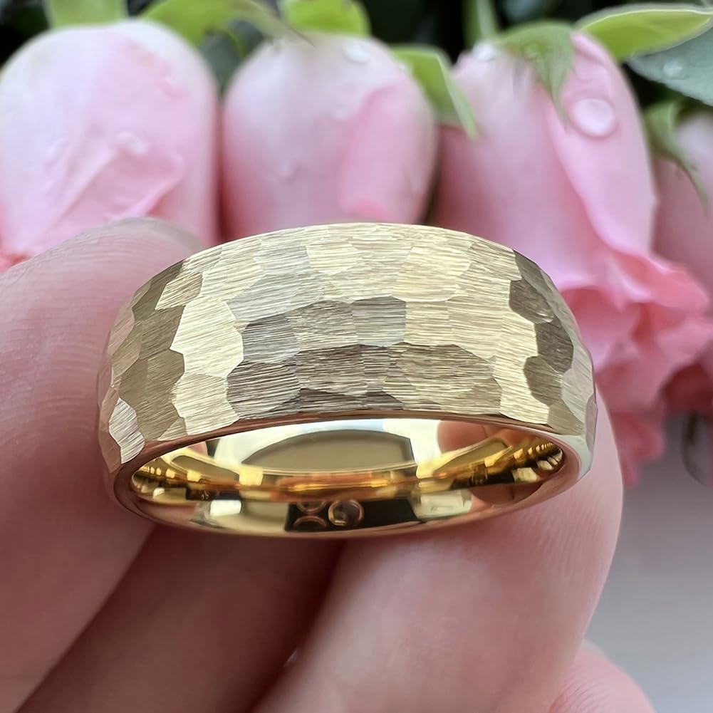TUTISS 8mm Gold Hammered Tungsten Rings for Men Women Engagement Wedding Bands Domed I Love You Engraved Comfort Fit Size 7