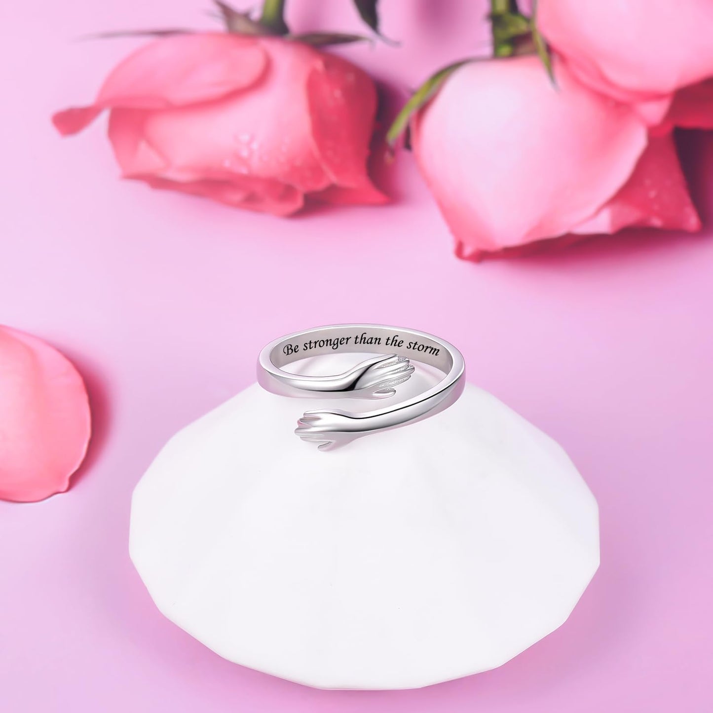 ACJFA S925 Sterling Silver Hug Ring for Women Adjustable Thumb Ring Birthday Gifts (Be stronger than the storm)