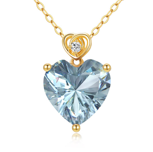 NFYBD 14k Gold Love Heart Aquamarine Birthstone Pendant Necklace for Women 3 Carat Heart-cut Created Gemstone Anniversary Birthday Mother's Day Necklaces for Her 16+1+1 inch-Mar