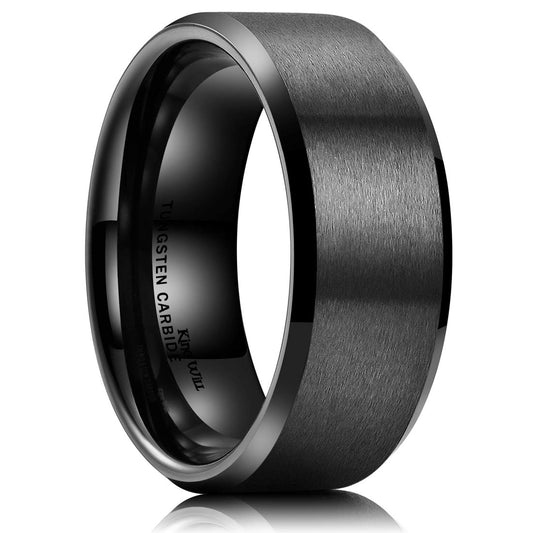 King Will 9mm Men's Black Wedding Ring - Brushed Matte Surface, Beveled Polished Edge, Comfort Fit Size 13