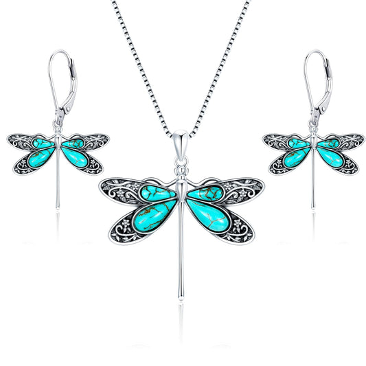 DOLIOX Genuine Dragonfly Turquoise Jewelry Set for Women, Sterling Silver Vintage Native American Western Jewelry Birthdays Gift for Women