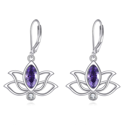 YFN Lotus Flower Earrings Sterling Silver Birthstone Lotus Leverback Dangle Drop Earrings Jewelry Gifts for Women (B. Feb)