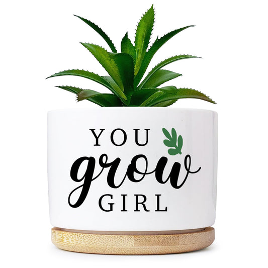Grow Funny Planters for Indoor Plants, Cute Plant Pots You Grow Girl Succulent Planter Cactus Pot, Ceramic Planter, Appreciation Housewarming Gifts for Women, Friends (3.5 inch Pots, No Plants)