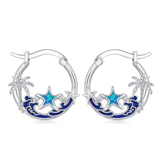Opal Starfish Earrings 925 Sterling Silver Ocean Hoop Earrings Beach Themed Summer Jewelry Starfish Graduation Gifts for Women Daughter Her