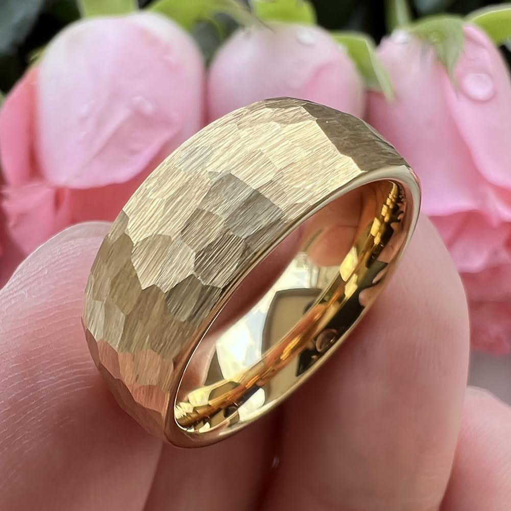 TUTISS 8mm Gold Hammered Tungsten Rings for Men Women Engagement Wedding Bands Domed Matte Finish Comfort Fit Size 14