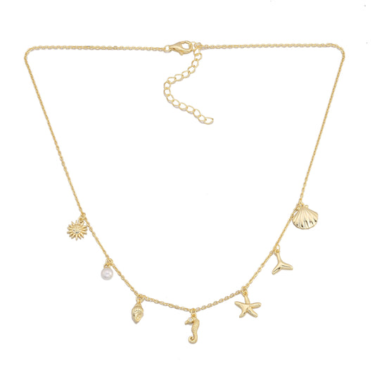 Ocean Charm Necklace for Women - 14K Gold Plated Sterling Silver with Shell Starfish Seahorse Pearl Whale Tail Charms, Adjustable 16-18 Inch Chain, Delicate Beach Jewelry