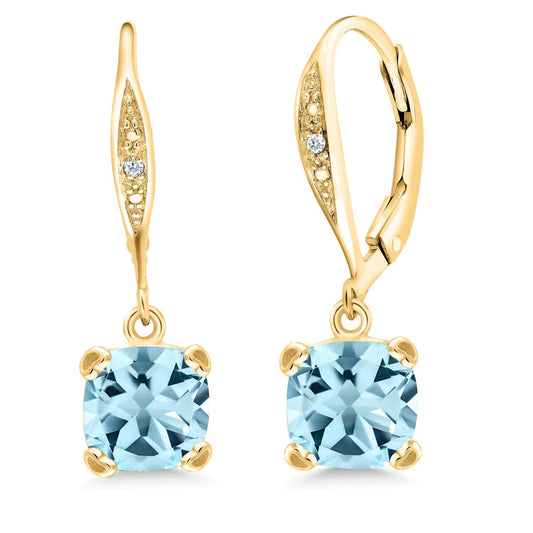 Gem Stone King Drop Dangle Earrings For Women | 7MM Cushion Cut Gemstone Birthstone and Diamond | 925 Sterling Silver | Jewelry Gift for Mom Wife Her | Sky Blue Topaz-November | Yellow Gold