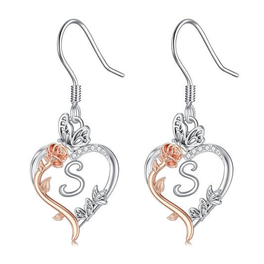 TOUPOP Rose Heart Initial Earrings Sterling Silver Butterfly Earring Initial S Letter Drop Dangle Earrings Jewelry Anniversary Birthday Mothers Day Gifts for Women Mom Wife Girlfriend Her