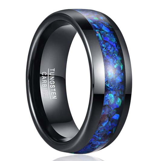 NUNCAD Wedding Rings for Men Opal Ring Tungsten Blue Black Wedding Band 8mm Dome Polished Finish Comfort fit Sizes 9