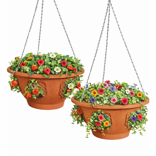 smart spring Ultimate Hanging Baskets - Strawberry, Tomato, Flower, and Herb Outdoor Planters - Use Garden Pots for Growing Plants Outside On A Deck, Fence, or Balcony (2, Terracotta)