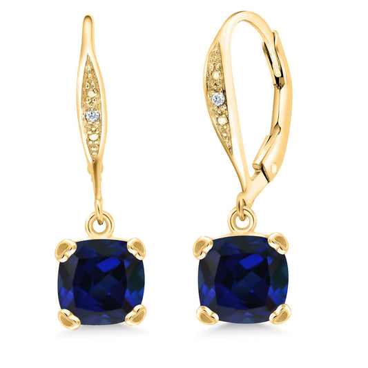 Gem Stone King Drop Dangle Earrings For Women | 7MM Cushion Cut Gemstone Birthstone and Diamond | 925 Sterling Silver | Jewelry Gift for Mom Wife Her | Created Sapphire-September | Yellow Gold