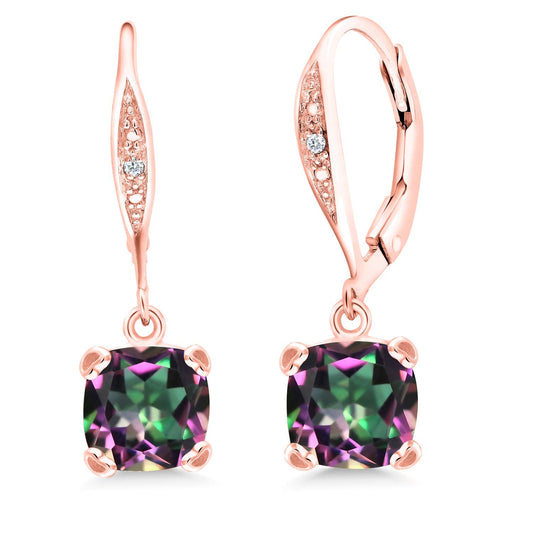 Gem Stone King Drop Dangle Earrings For Women | 7MM Cushion Cut Gemstone Birthstone and Diamond | 925 Sterling Silver | Jewelry Gift for Mom Wife Her | Green Mystic Topaz | Rose Gold