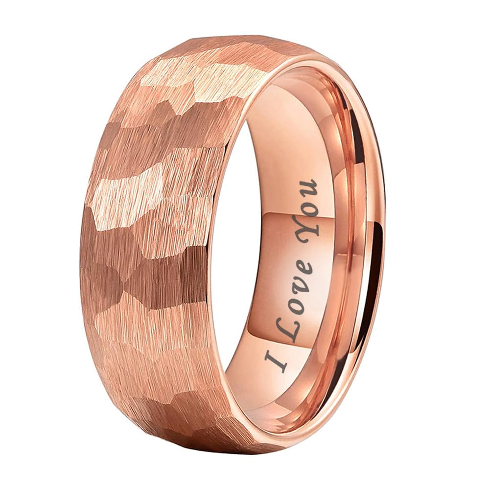 TUTISS 8mm Rose Gold Hammered Tungsten Rings for Men Women Engagement Wedding Bands Domed I Love You Engraved Comfort Fit Size 9