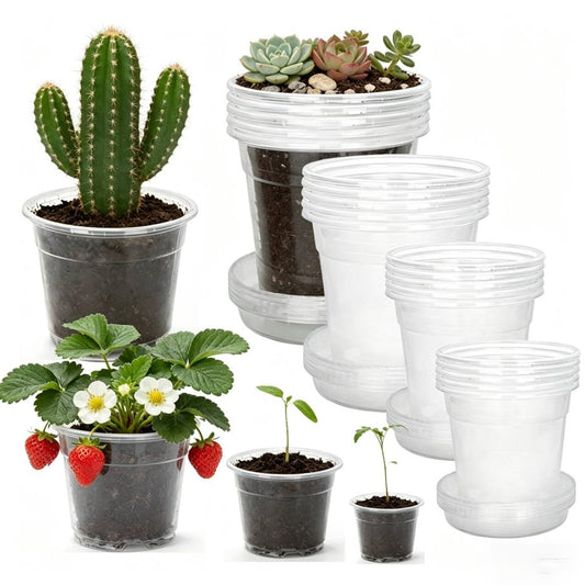 4/5/6/7 Inch Clear Nursery Pots with Saucers, 20 Pack Multiple Sizes Plastic Seedling Pots with Drainage Holes, Reusable Transparent Planters for Succulents, Cuttings, Indoor Outdoor Gardening
